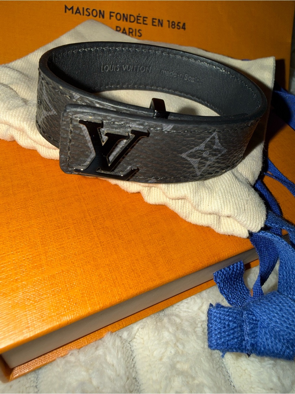 Louis Vuitton Black Leather Monogram Cuff Bracelet full inclusion